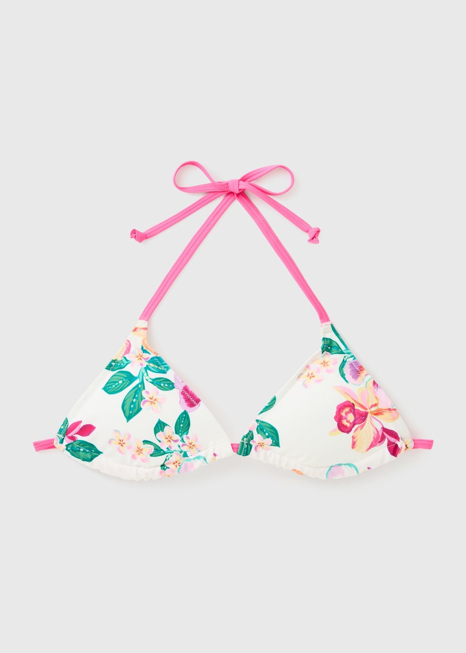 White Floral Contrast Trim Triangle Bikini Top