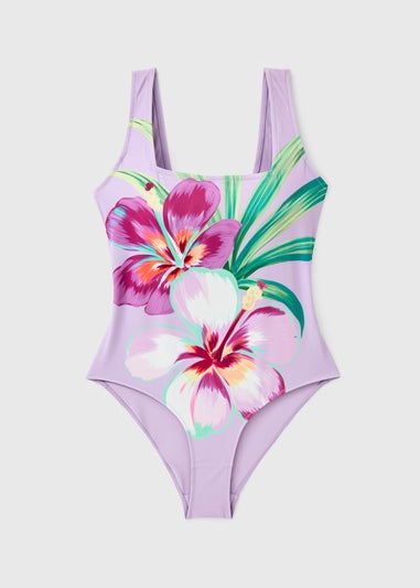 Lilac Tropical Floral Square Neck Swimsuit