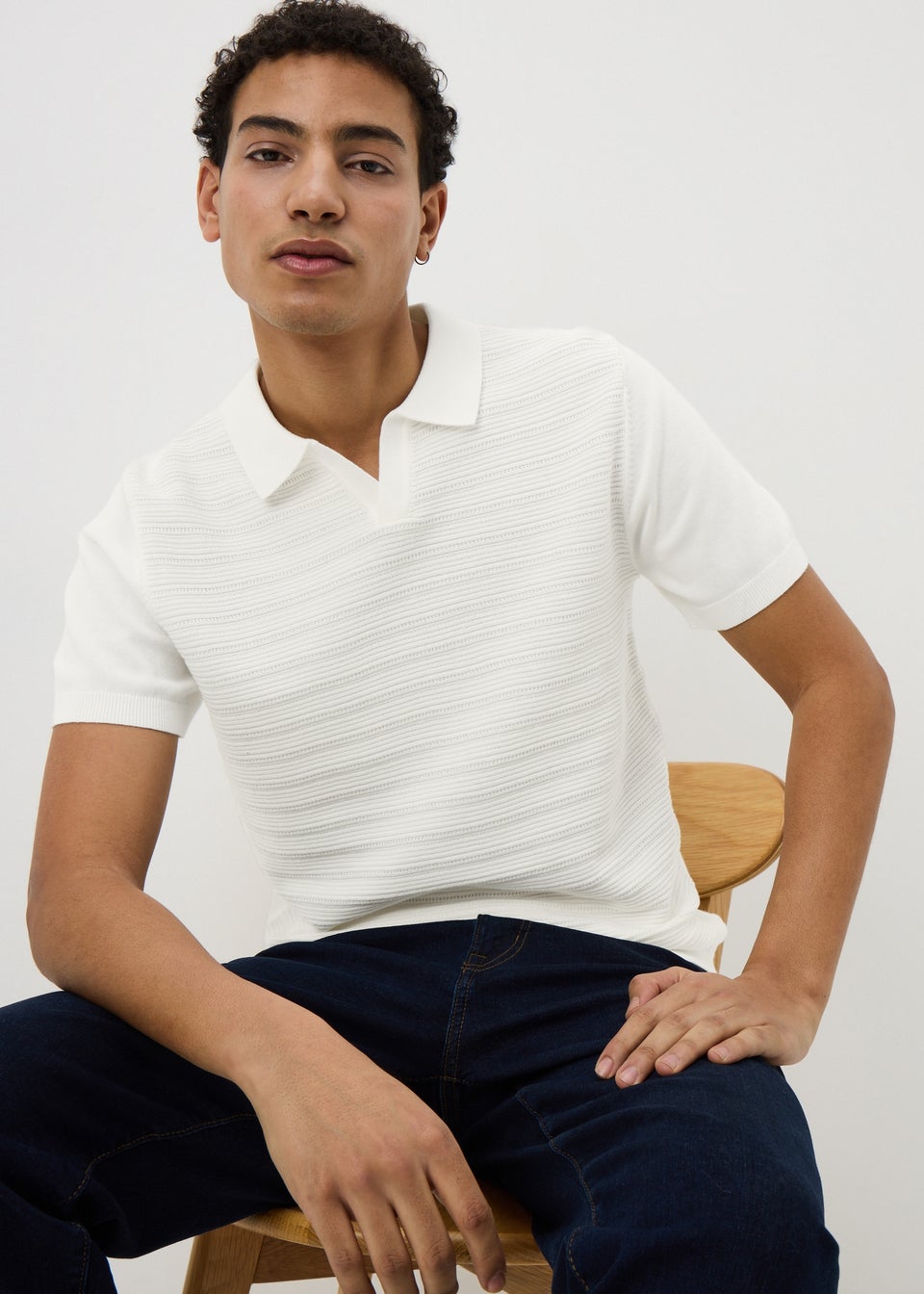 Cream Textured Open Collar Polo Top