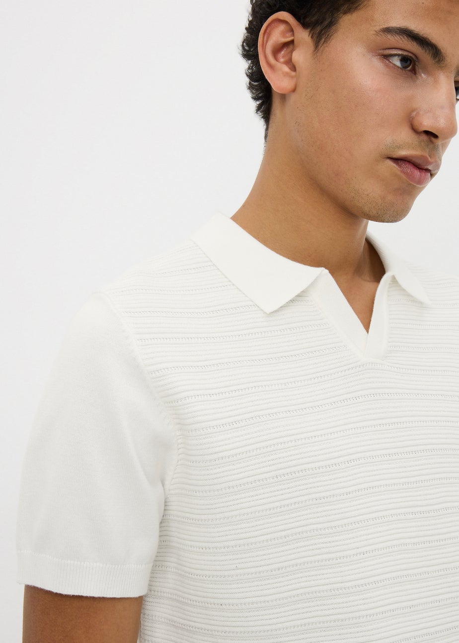 Cream Textured Open Collar Polo Top