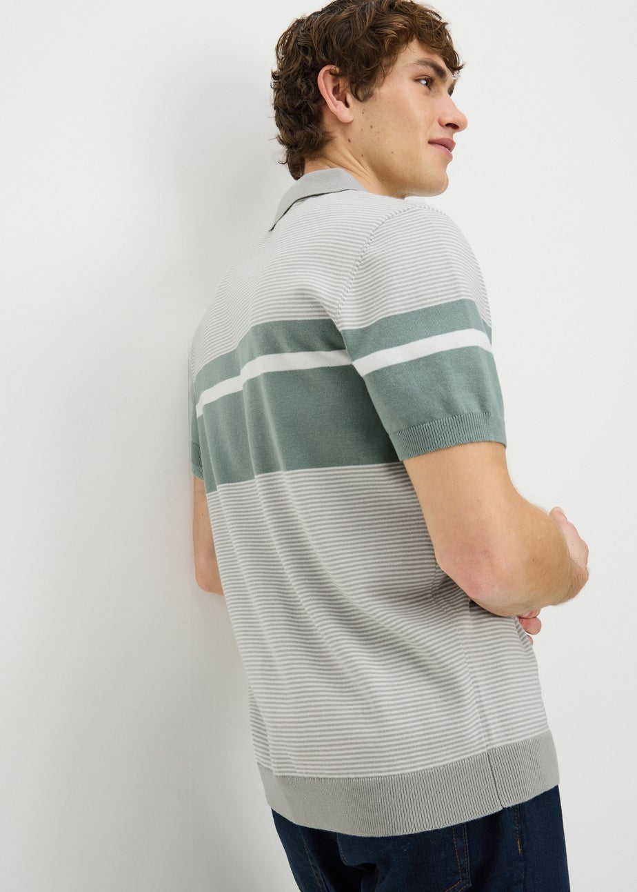 Grey Stripe Zip Knitted Polo Shirt