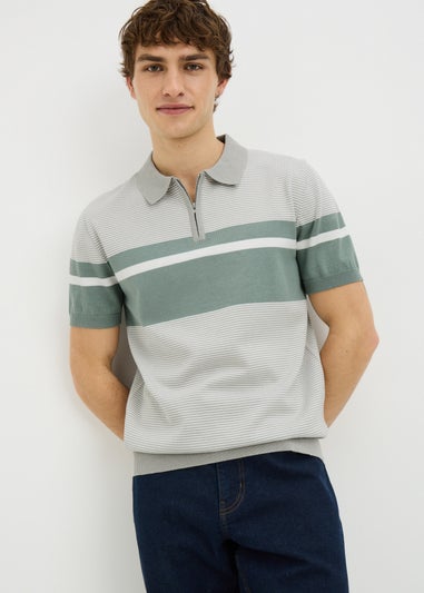 Grey Stripe Zip Knitted Polo Shirt
