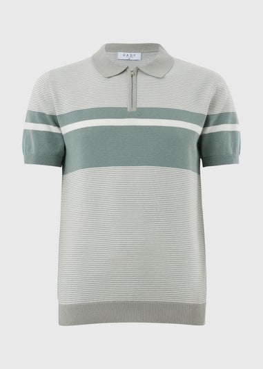 Grey Stripe Zip Knitted Polo Shirt