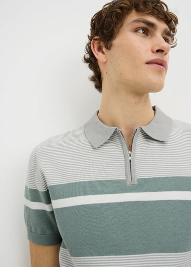 Grey Stripe Zip Knitted Polo Shirt
