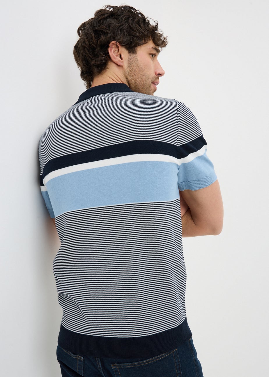 Blue Stripe Zip Knitted Polo Shirt