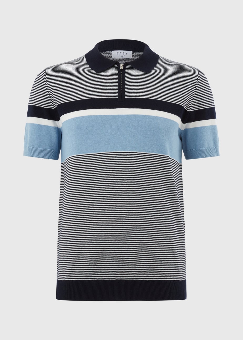 Blue Stripe Zip Knitted Polo Shirt