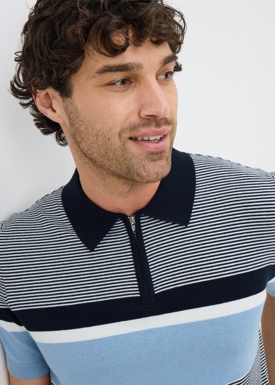 Blue Stripe Zip Knitted Polo Shirt