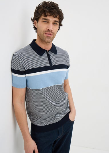 Blue Stripe Zip Knitted Polo Shirt