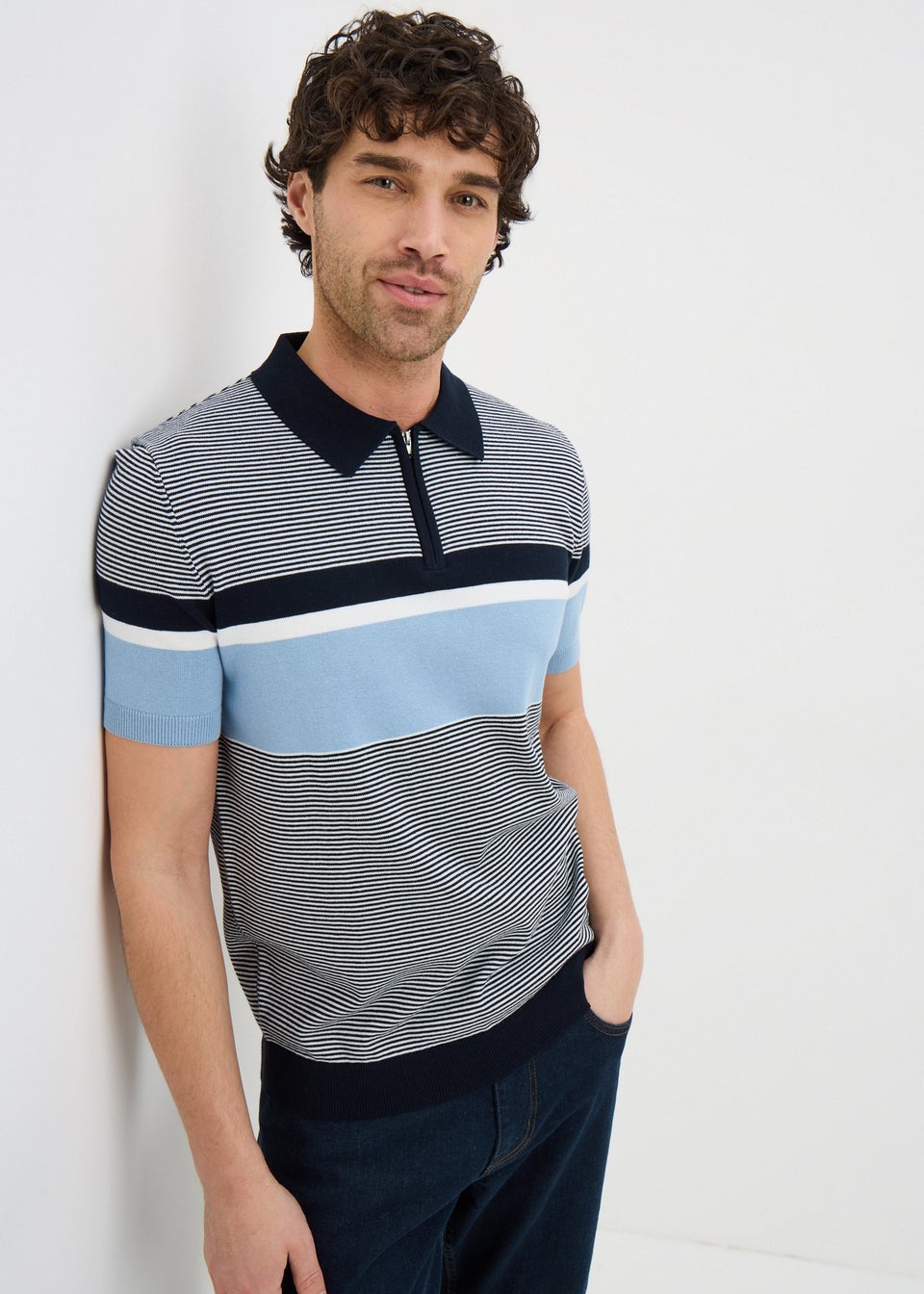 Blue Stripe Zip Knitted Polo Shirt