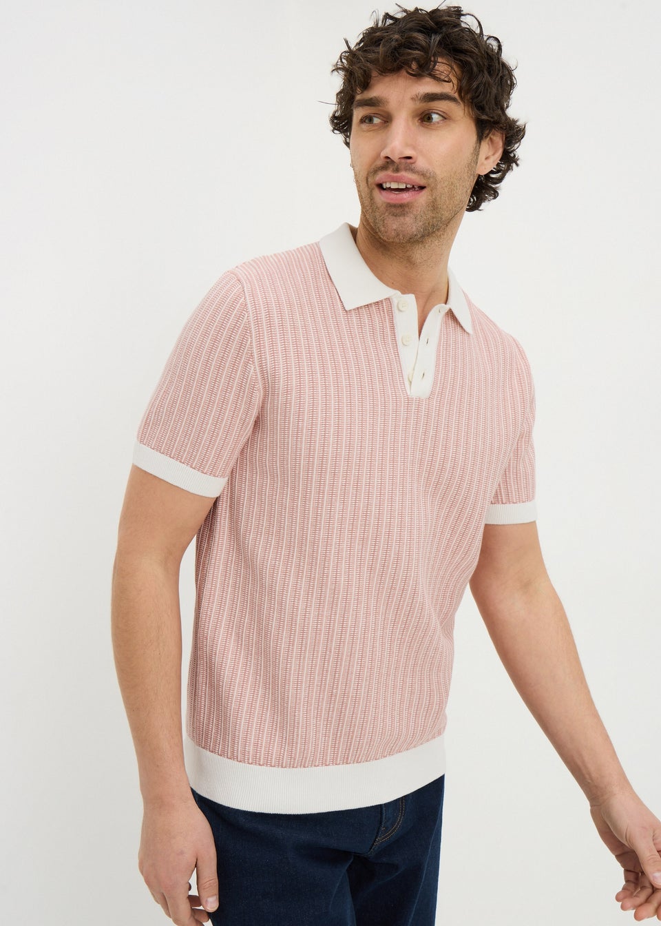 Pink Textured Knitted Polo Shirt