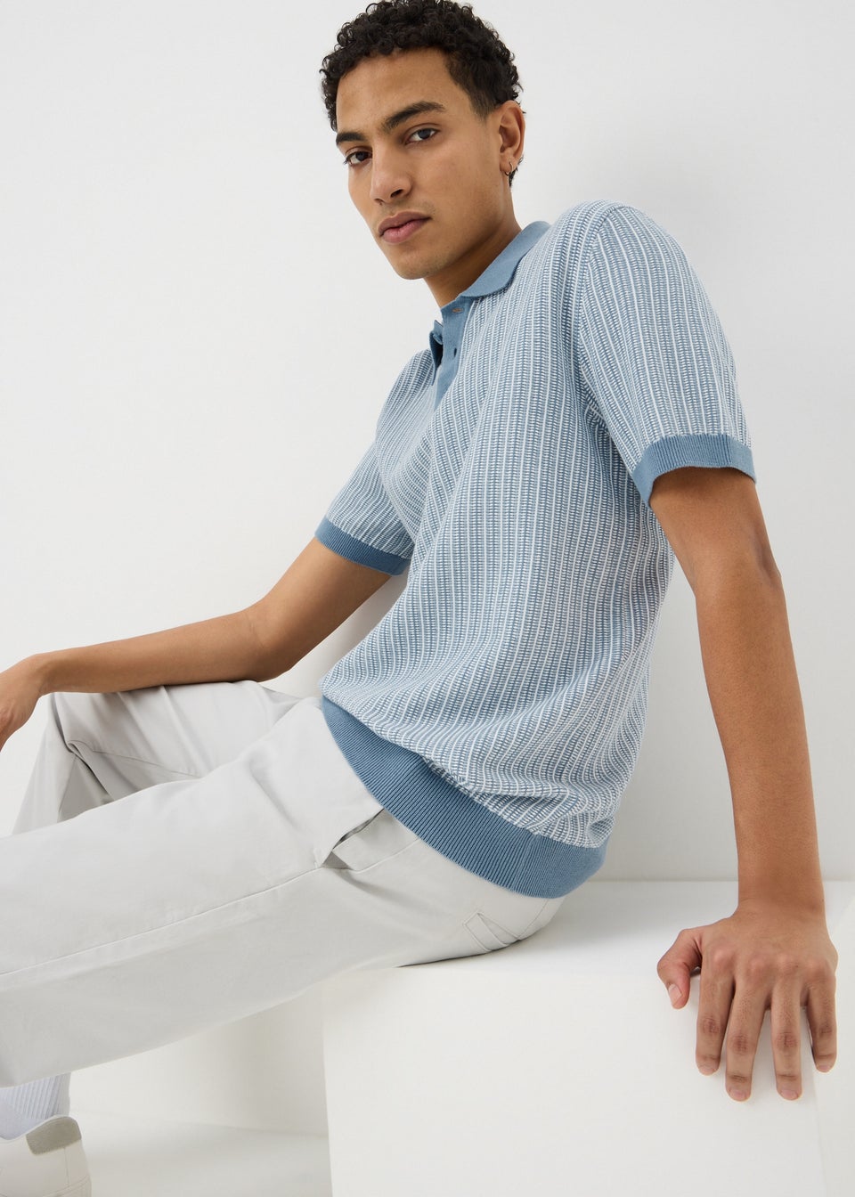 Blue Textured Knitted Polo Shirt