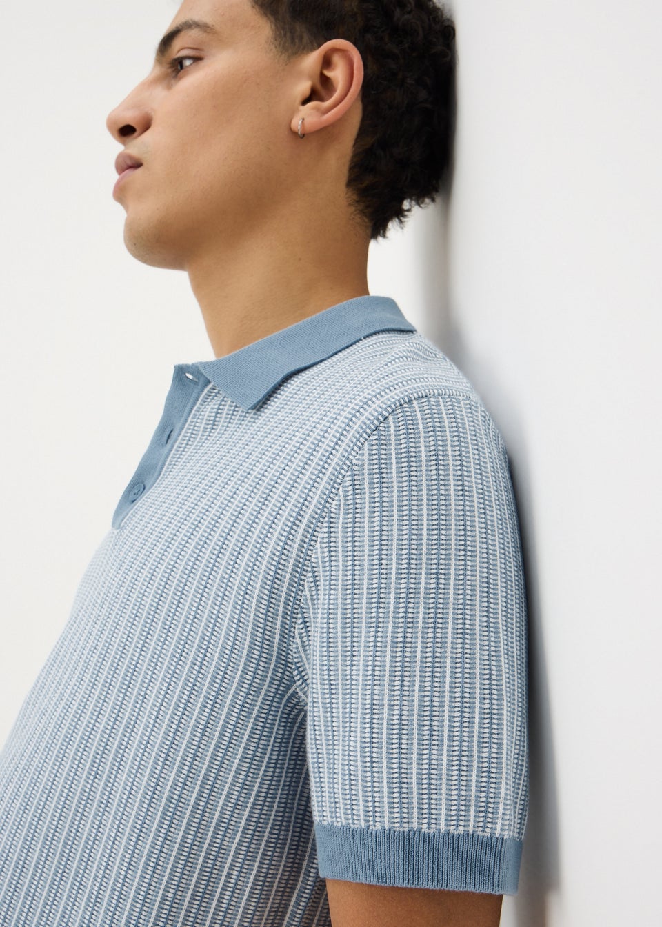 Blue Textured Knitted Polo Shirt