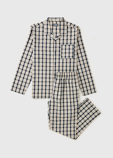 Beige Woven Check Button Up Pyjama Set