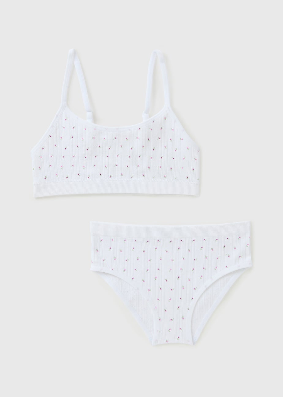 Girls White Floral Crop Top & Knicker Set (6-13yrs)