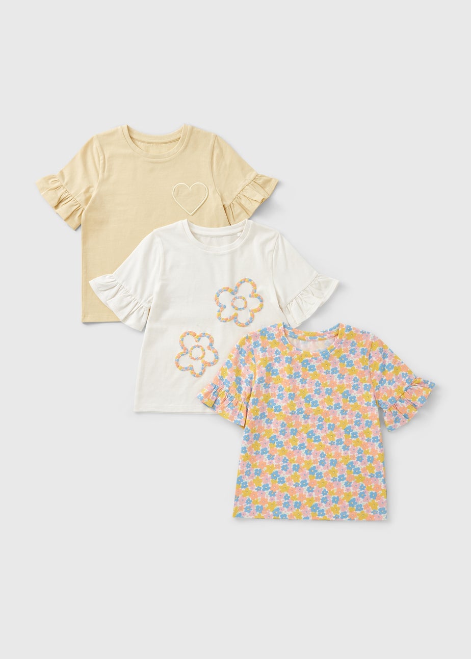 3 Pack Girls Multicolour Floral Frill T-Shirts (1-7yrs)