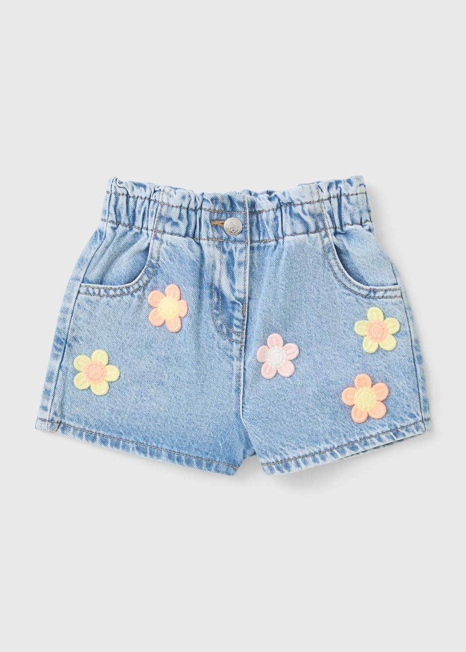 Girls Light Wash Flower Denim Shorts (1-7yrs)