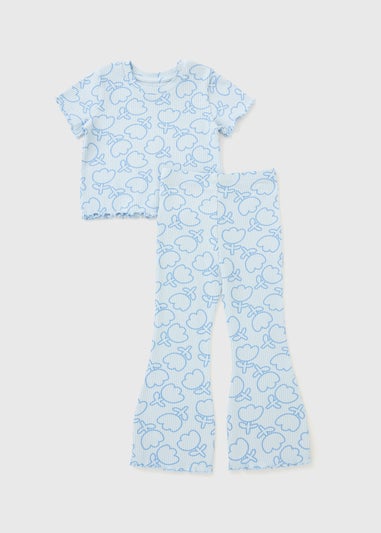 Girls Blue Flower Rib Top & Flare Set (1-7yrs)