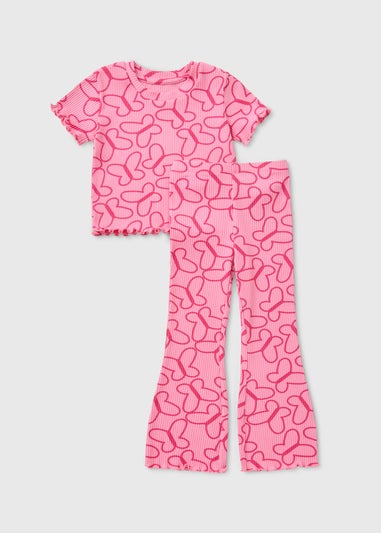 Girls Pink Butterfly Ribbed Top & Flare Set (1-7yrs)