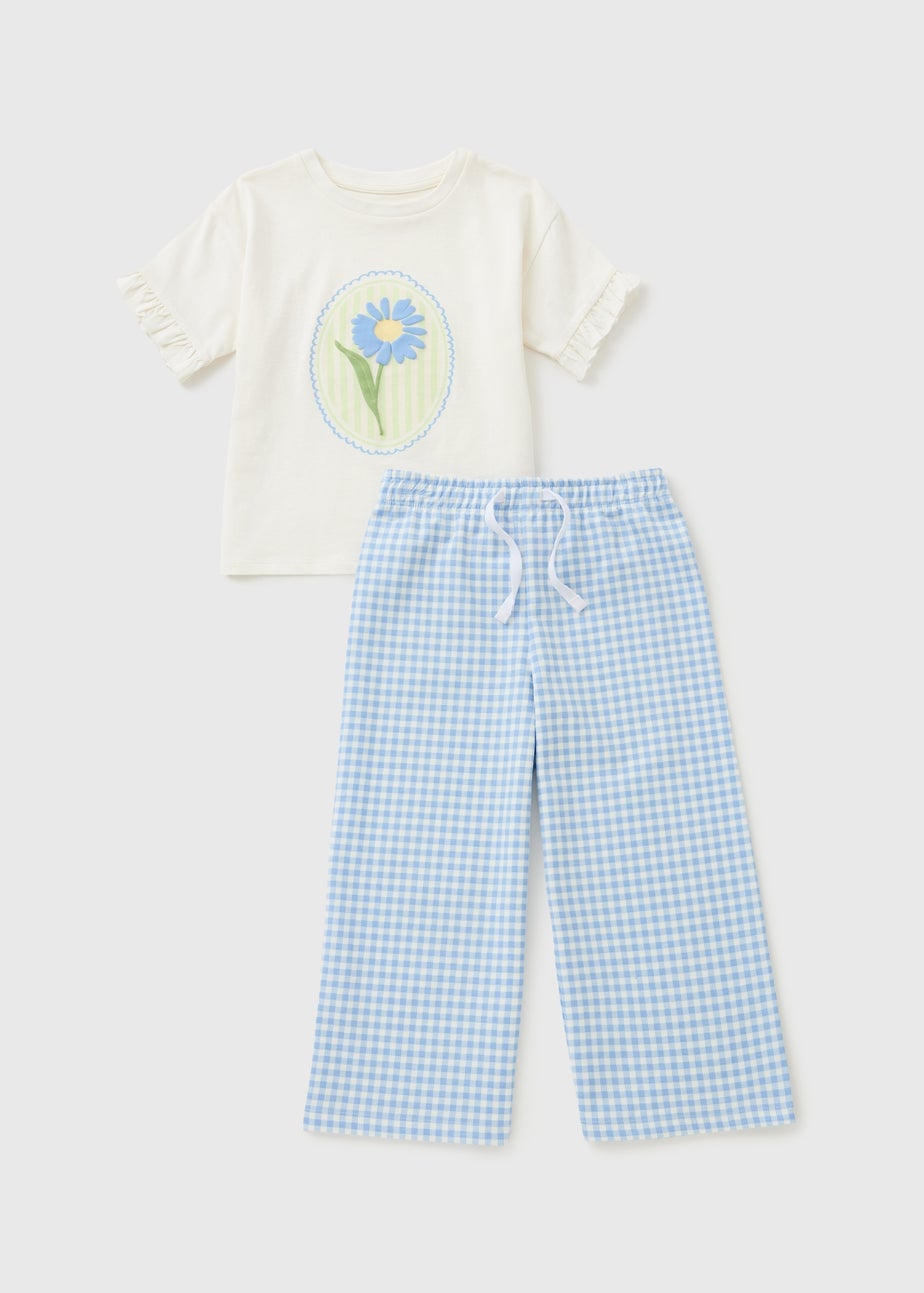 Girls Blue Daisy Gingham Top & Trouser Set (1-7yrs)
