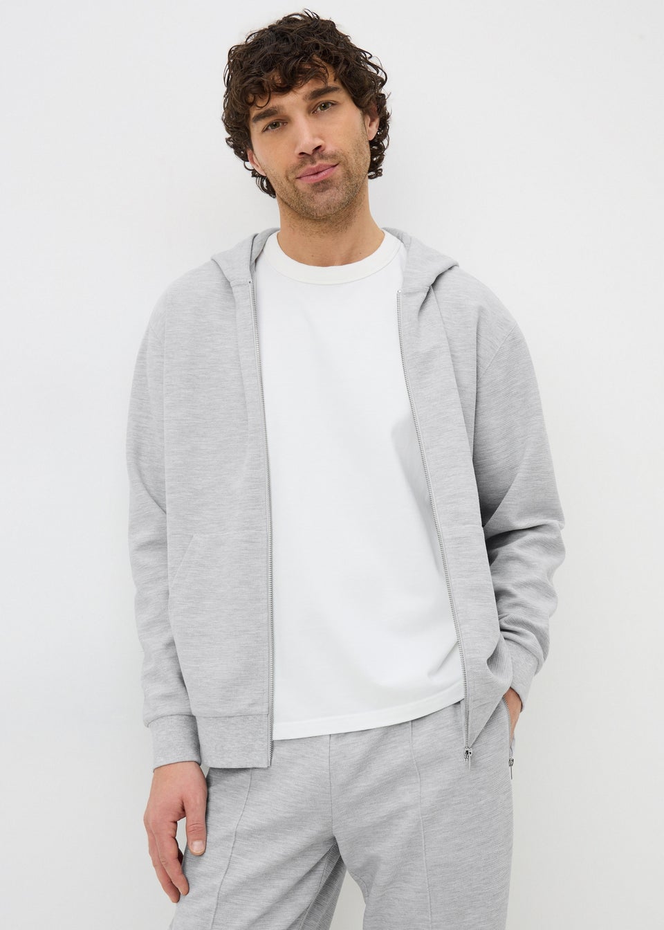Grey Textured Zip Up Co Ord Hoodie