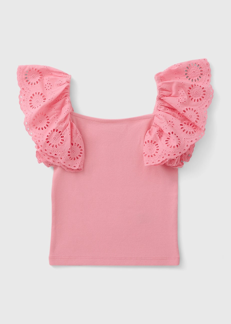 Girls Pink Broderie Frill Sleeve Top (7-15yrs)