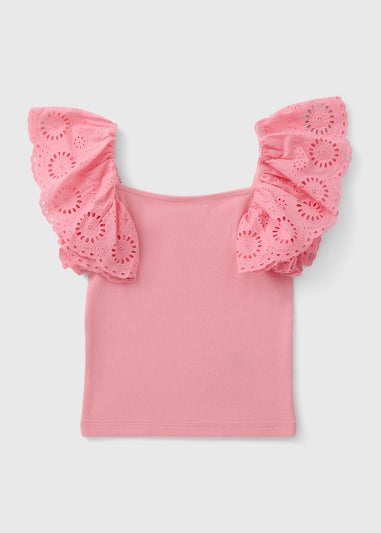 Girls Pink Broderie Frill Sleeve Top (7-15yrs)