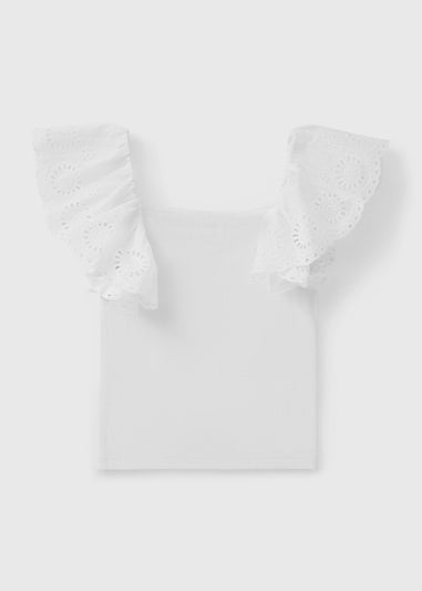 Girls White Broderie Frill Sleeve Top (7-15yrs)