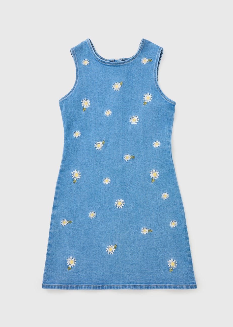Girls Blue Daisy Embroidered Denim Dress (7-15yrs)