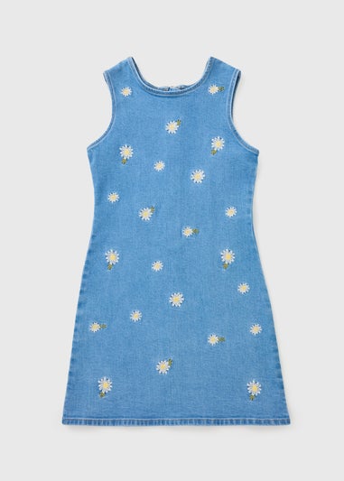Girls Blue Daisy Embroidered Denim Dress (7-15yrs)