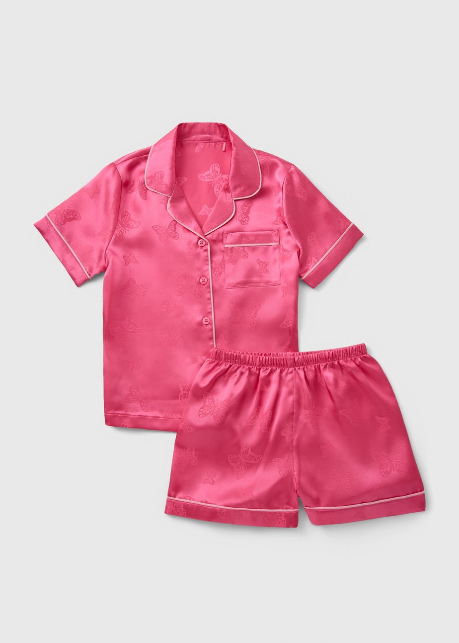 Girls Pink Butterfly Satin Short Pyjama Set (4-13yrs)
