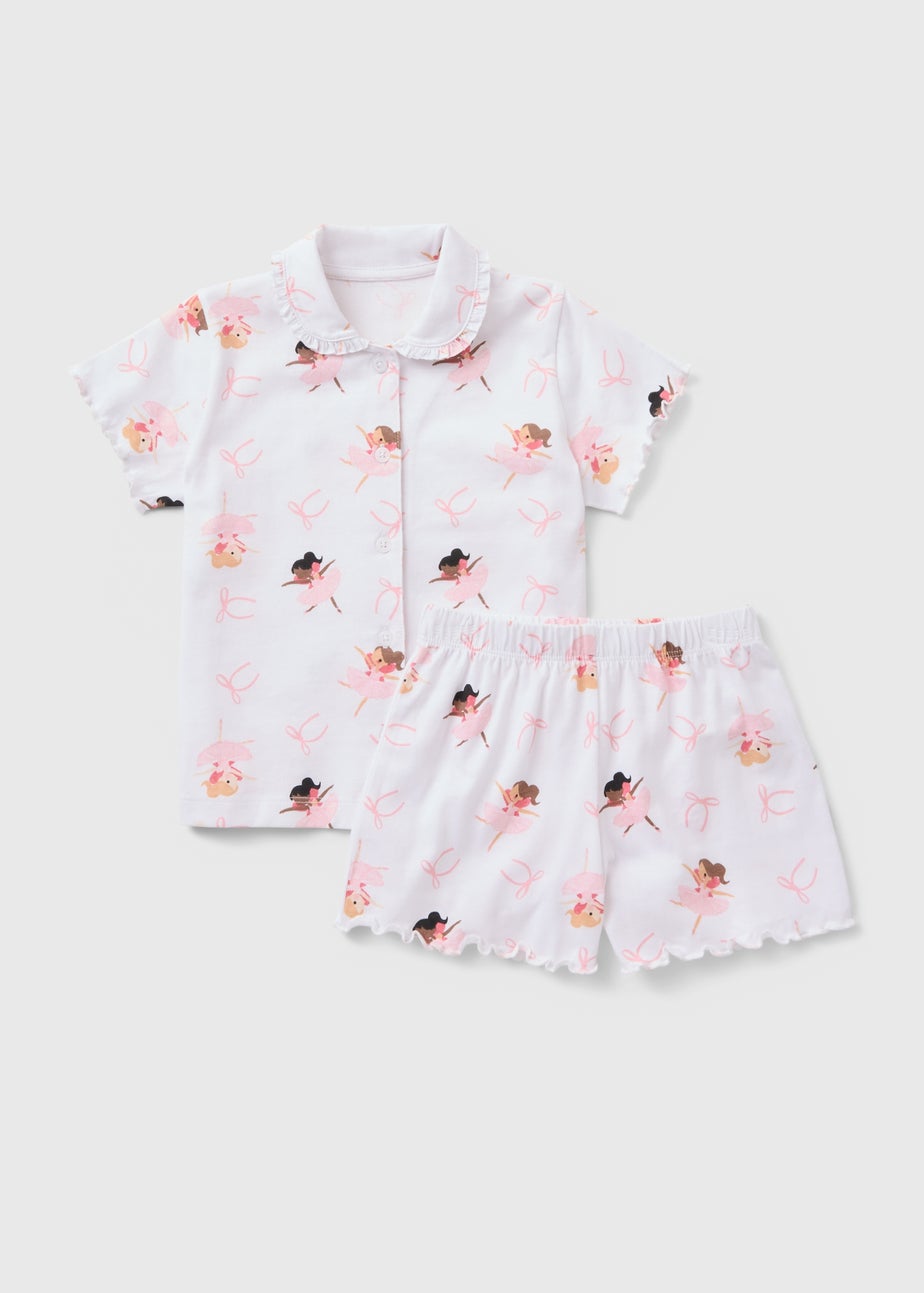 Girls White Ballerina Button Up Short Pyjama Set (1-7yrs)