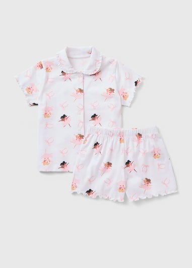 Girls White Ballerina Button Up Short Pyjama Set (1-7yrs)