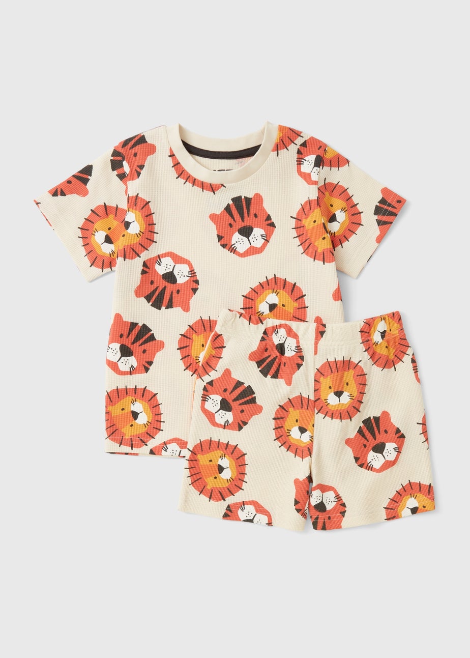 Kids Beige Lion Tiger Waffle Short Pyjama Set (1-7yrs)