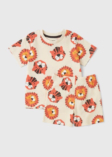 Kids Beige Lion Tiger Waffle Short Pyjama Set (1-7yrs)