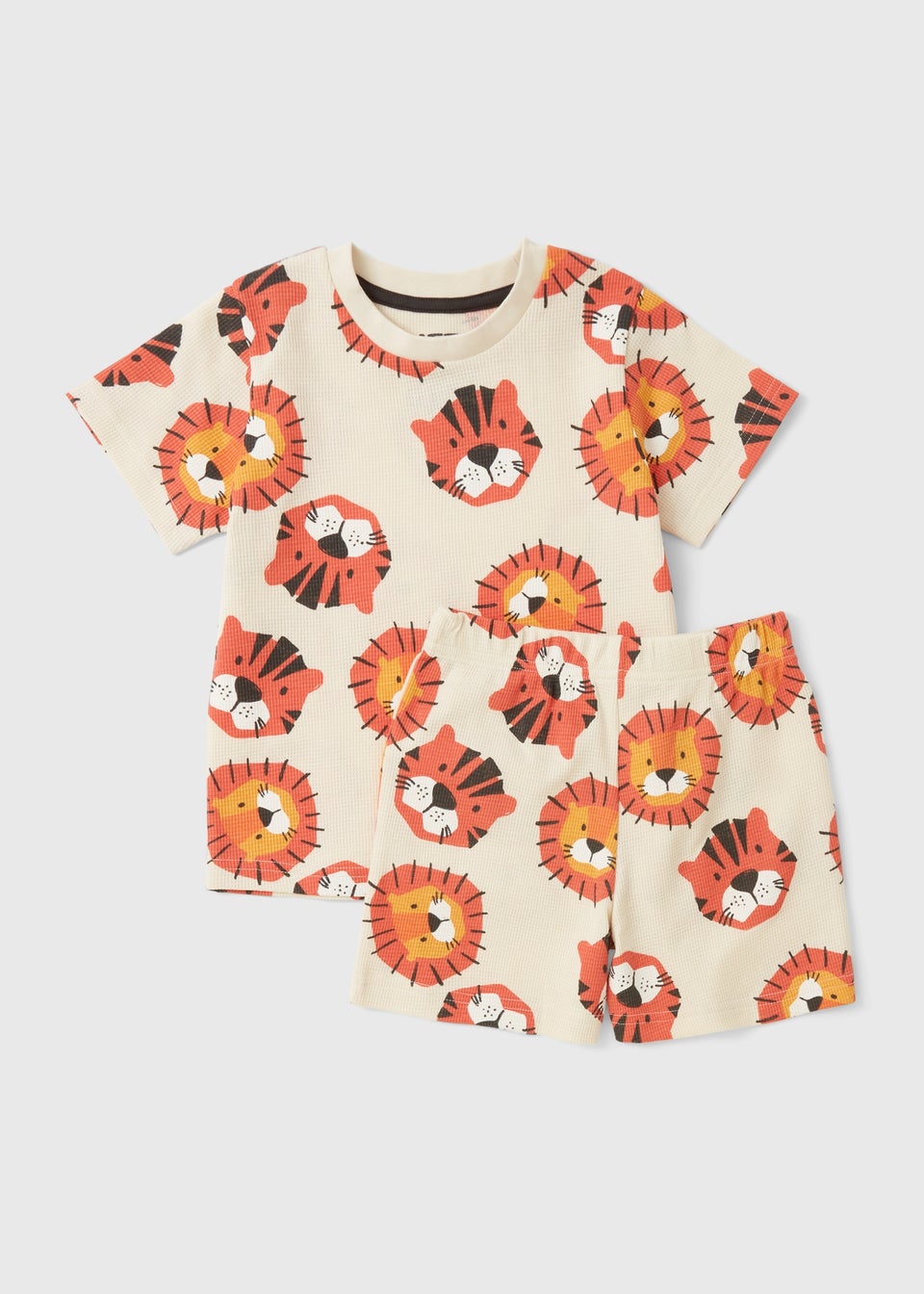 Kids Beige Lion Tiger Waffle Short Pyjama Set (1-7yrs)