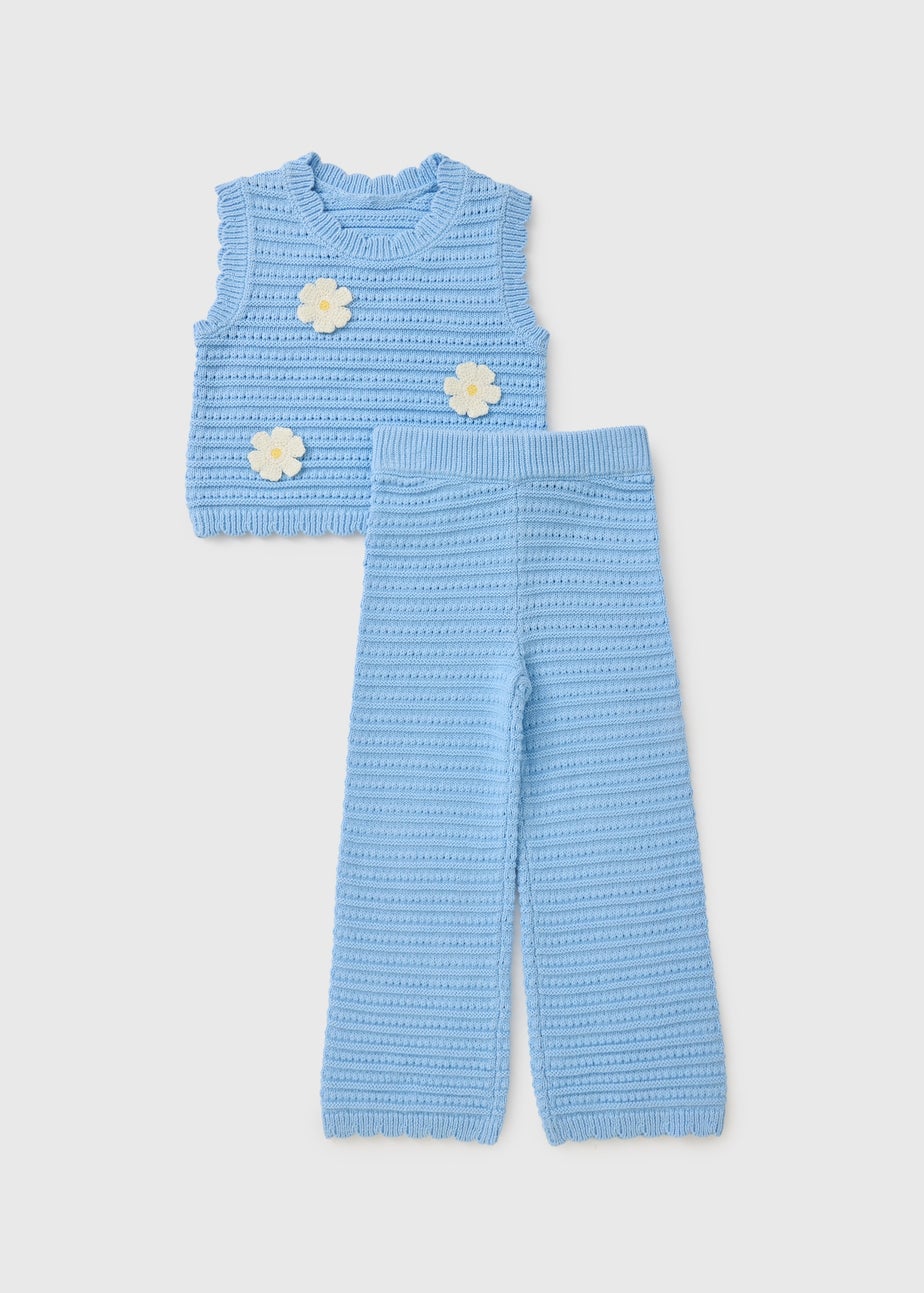 Girls Blue Crochet Daisy Top & Trouser Set (1-7yrs)