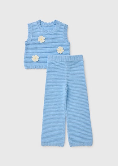 Girls Blue Crochet Daisy Top & Trouser Set (1-7yrs)