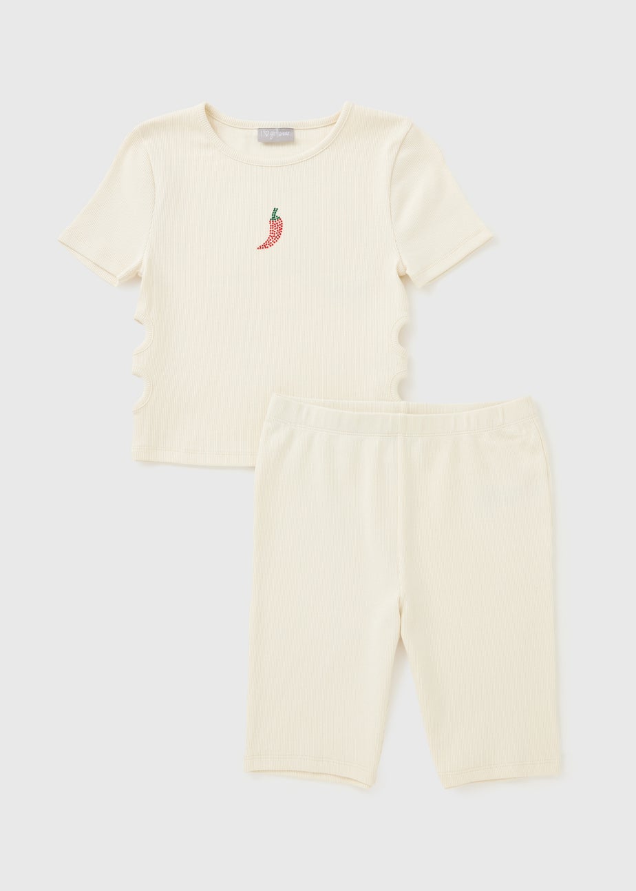 Girls Cream Chilli Ribbed Top & Short Set (7-15yrs)