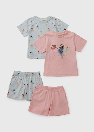 2 Pack Girls Pink Ballerina Pyjama Sets (1-7yrs)