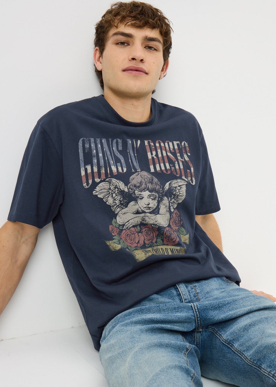 Navy Guns & Roses Printed T-Shirt