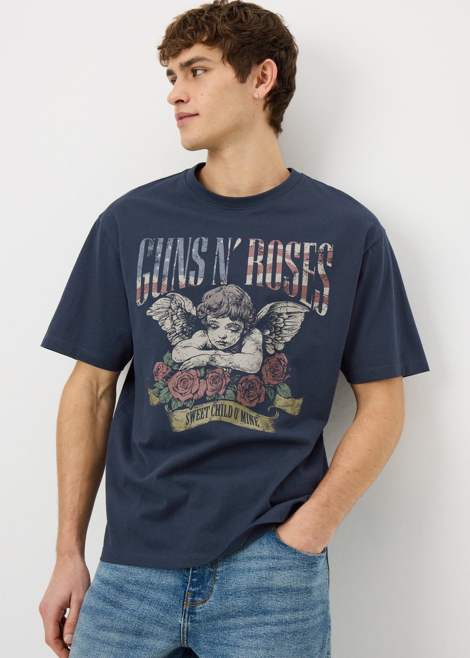 Navy Guns & Roses Printed T-Shirt