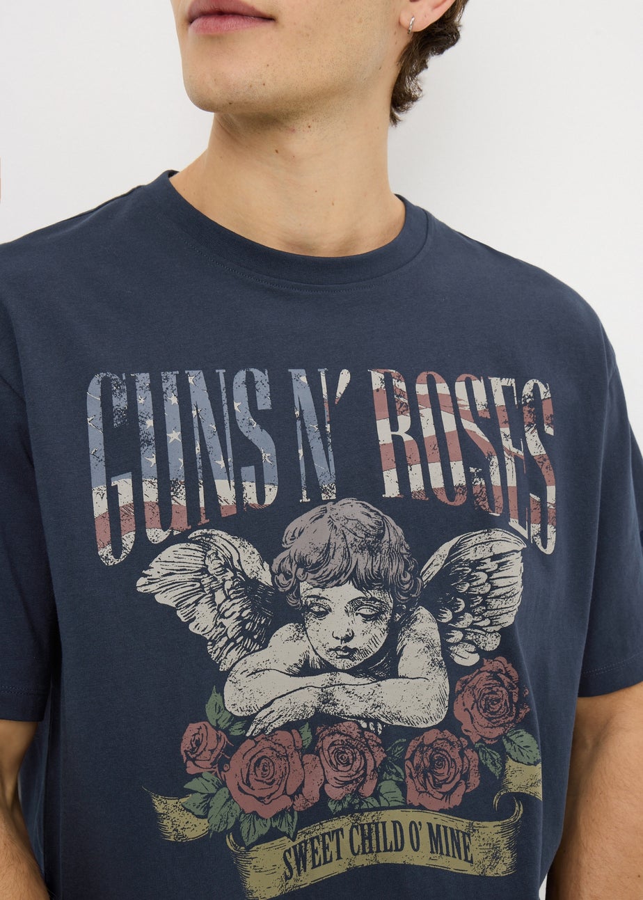Navy Guns & Roses Printed T-Shirt