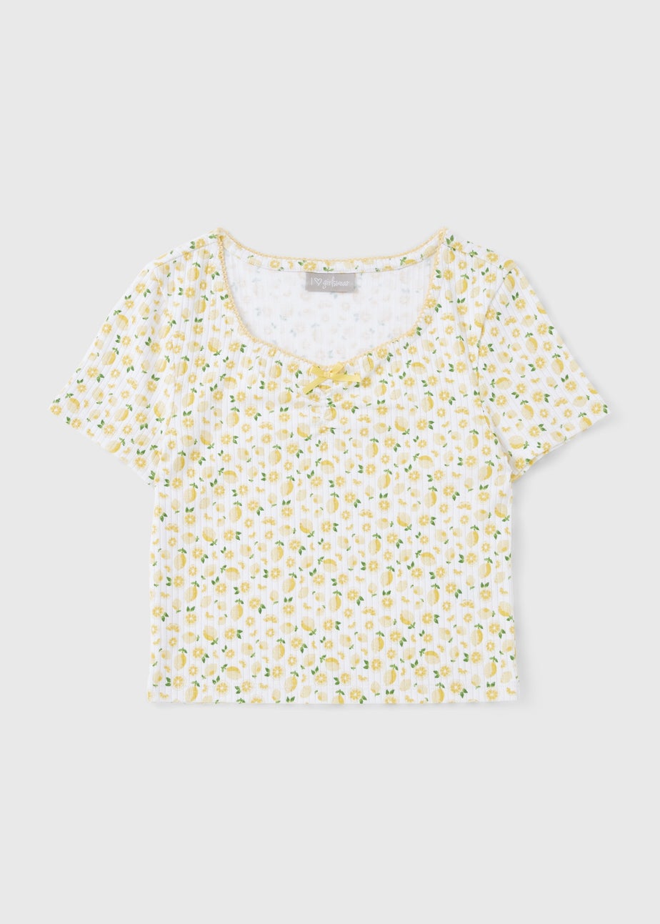 Girls White Ditsy Lemon Ribbed Top (7-15yrs)