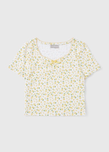 Girls White Ditsy Lemon Ribbed Top (7-15yrs)