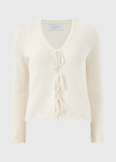 Cream Textured Tie Front Cardigan