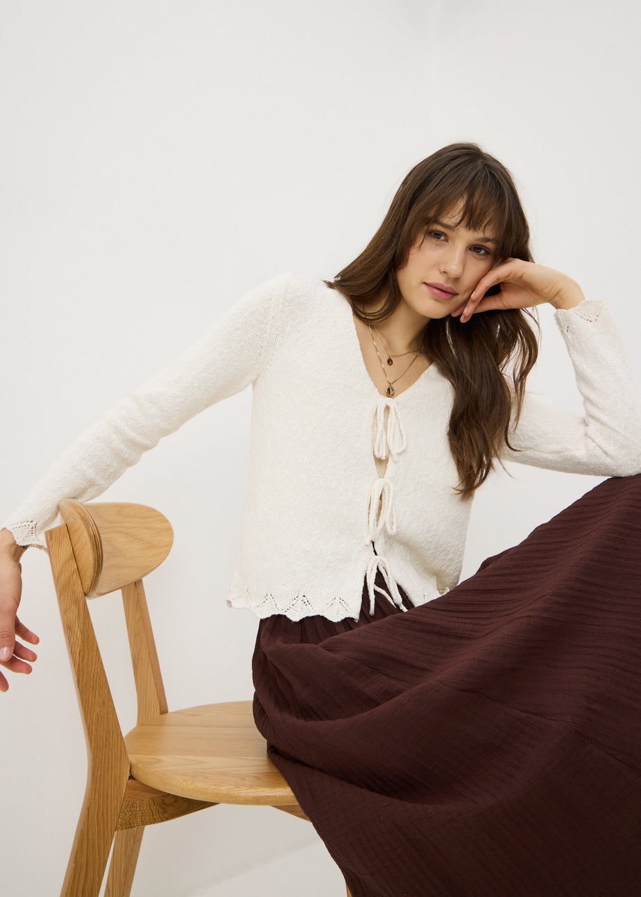 Cream Textured Tie Front Cardigan