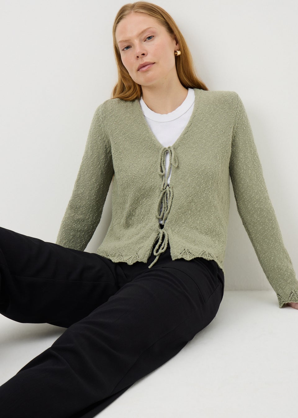 Sage Green Textured Tie Front Cardigan