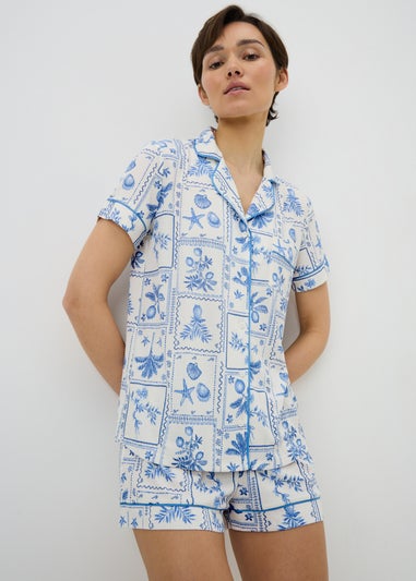 Blue Postcard Button Up Short Pyjama Set
