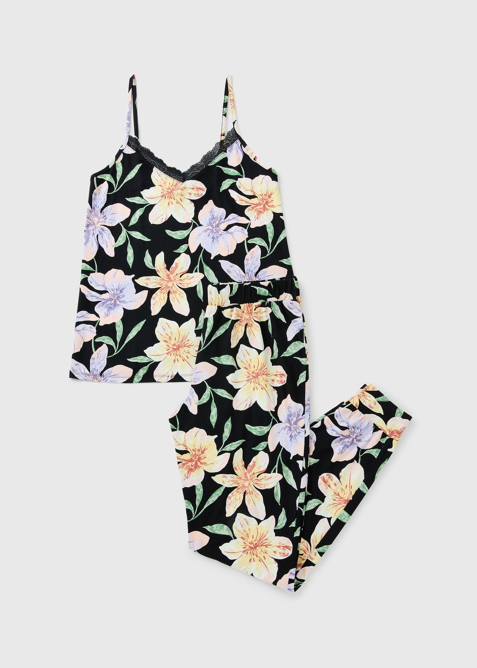 Black Floral Cami Cuffed Pyjama Set