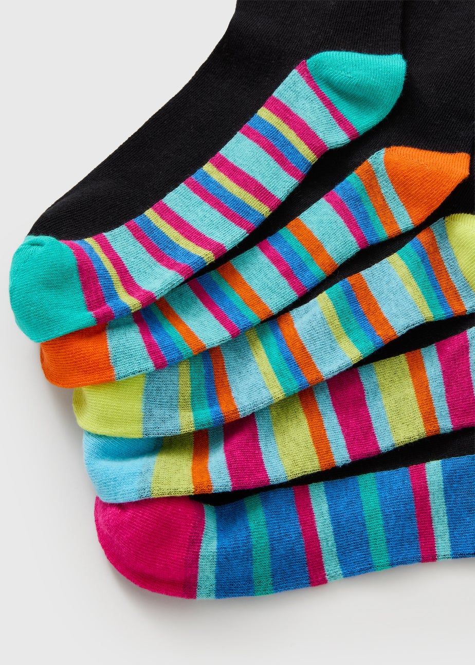 5 Pack Black Bright Stripe Ankle Socks